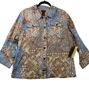 Multiples Nantucket Tapestry Quilted Jacket L Brown Boho Artsy Folk Art Coastal